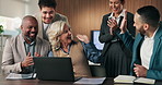 Computer, applause and business people with high five for success, investment or achievement. Excited, celebration and accountant team with manager praise for investment, goals or good news in office