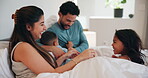 Tickle, parents or children on bed with bonding together, childcare or humor in healthy relationship. Laugh, happy or people in house with connection, family fun or playful time at start of day.