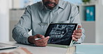 Hands, dentist and tablet screen with xray in office for mouth analysis, tooth structure and implant. Mature person, digital and orthodontics scan of wisdom teeth, cavity detection and dental results