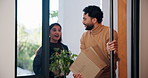 Happy couple, smile and box with new home for property purchase, investment or mortgage together. Man, woman or homeowners with love for moving in, buying asset or real estate finance in house