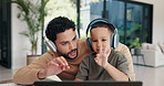 Child, dad or and teaching in home for count, numbers and math with online learning. Laptop, headphones and family or man helping kid with homework, homeschool and remote education for development