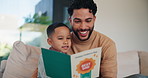 Smile, dad and child with card at house for fathers day, celebration and parent appreciation. Man, kid and letter with handwritten message, family gratitude and thank you note for bonding together