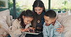 Mom, children and game in living room with tablet, educational app and bonding together on weekend. Happy, woman and kids scroll in home with tech, online gaming and siblings learning with mother.