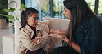 Argument, mother or child on sofa with scolding, teaching moment or parent warning in conflict. Anger, childcare or family in house with fight, discipline or lesson in behavioural correction.