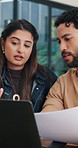 Laptop, couple and planning for finance in home, wealth management and mortgage application. Computer, man and woman with budget at house for expenses, investment documents and savings discussion