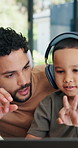 Kid, dad and count in home for online learning with math, numbers and teaching. Laptop, headphones and family or man helping boy with homework, homeschool and remote education for development