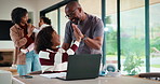 Homework, high five and dad with child on laptop for online lesson, elearning and studying for test. Family, home and African father and girl on computer for answer, results and success for education