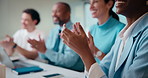 Business people, hands and meeting with applause in seminar for presentation or speech. Happy, group or employees clapping with smile for team success, workshop or conference together in workplace