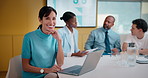 Face, laptop and smile with business woman in finance meeting for review of data or statistics. Computer, graphs and trading with mature broker in boardroom of financial workplace for investment plan