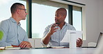 Business people, team and discussion in meeting with help for project management and feedback. Men, talking and collaboration with documents, review or advice with planning for company proposal
