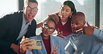 Funny, selfie and business people with laughing, humor and expression for social media in office. Peace, creative and team with diversity and trendy sign for profile picture or post in workplace