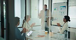 Man, presentation and tablet with team for applause at office meeting, charts and window at finance company. Person, speaker and tech with app for graphs, success or celebration at investment agency