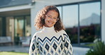 House, face or happy girl with glasses for childhood development, safety and security in garden. Portrait, child or kid with smile, spectacles or eyesight for new home, building protection or shelter