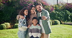 Happy, family and hug with children for selfie, outdoor memory or bonding on lawn in garden. Mom, dad and kids with smile for photography, capture moment or picture together on grass field in nature