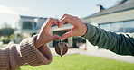 People, home or keys with heart hands for real estate, property or new house together. Relationship, man and woman with shape, icon or romance for partnership investment, building or loan in backyard