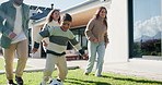 Children, running and family in backyard with soccer ball for playing outdoor with new home. Excited, fun and happy kids with parents for bonding, football game and wellness on lawn in garden
