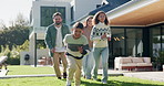 Family, running and kids outdoor in backyard for playing, happiness and bonding at home. Excited, wellness and mother and father smile with children for fun games, weekend or holiday on property