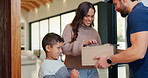 Tablet, delivery and man with child at door with package for shipping, toy order or school supplies. Family, home and person with tech for customer signature for parcel, cargo and box for mom and boy