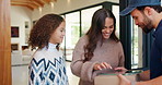 Tablet, door and delivery man with mom to sign for package for shipping, order and school supplies. Family, home and person with tech for customer signature for parcel, cargo and box for child