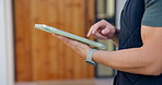 House, typing and hands of delivery man on tablet for shipping, order update and digital signature. Front door, ecommerce and person on tech for courier service, receipt and location for parcel