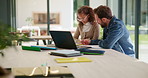 Notebook, laptop and child with dad for help with studying, assignment and elearning for homework. Family, home and father with girl on computer for education, knowledge or teaching for development