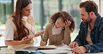 Homework, support and parents with child in home for assessment, learning and prepare for exam. Family, help and girl with mom, dad and notebook for education, knowledge and studying for development