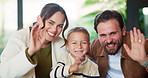 Video call, wave and face of family in home for social media post, connection and support. Communication, greeting and virtual chat with parents and child in living room of apartment for contact