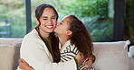 Kiss, sofa and face of mom and child in home for loving relationship, bonding and affection. Family, happy and portrait of mother and girl with gesture for connection, trust or embrace for motherhood