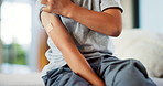 Hands, child and plaster for vaccine in home with medicine, flu shot or healthcare for illness. Kid, bandage and cover for injection, wellness and boost for immune system, virus or bacteria at house