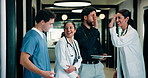 Healthcare, high five and tablet with doctors talking hospital administrator for feedback or report. Administration, app and meeting with medical team in clinic for celebration of success or target