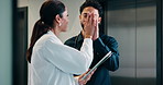 Medical, high five or doctors in hospital with tablet, diagnosis discovery or good news in treatment plan. Health, collaboration or people with tech, director feedback or success in post operation.