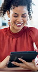 Happy woman, tablet and typing with report at office, insight or notes at interior design company. Person, smile and tech with application, scroll and review for project management at creative agency