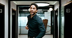Dance, celebrate and business man in hallway for good news, career success or new job. Excited, happiness and person walking with confidence for achievement, opportunity or work promotion in company