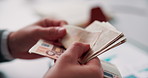 Businessman, hands and counting money in office with financial currency, savings or company investment. Person, capital funding and euro bills in workplace with cash assets, profit and finance audit.