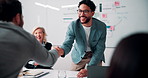 Handshake, applause and business people in office for meeting with finance deal or partnership. Agreement, clapping and financial advisors shaking hands for congratulations and investment goal