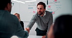 Shaking hands, meeting and business people in office for applause with finance deal or partnership. Agreement, clapping and financial advisors with handshake for congratulations, review or investment