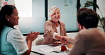 Business, people and handshake in office with clapping, ad campaign success and brand awareness goals. Happy, team applause and shaking hands with discussion, marketing deal and project milestone.