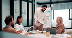 Finance, presentation or team in office with paper, budget analysis or brief on funding strategy. Meeting, people or data analyst with speaker, metric review or forecast plan in investment proposal.