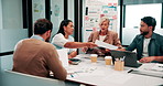 Finance, documents and talking with business people in boardroom for meeting or review of data. Conversation, paper and risk management with employee team in financial office for statistics feedback