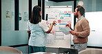 Team, meeting and whiteboard with graphs on paperwork, writing or plan for investment at finance firm. Business people, partner and discussion with documents, ROI info or strategy for project funding