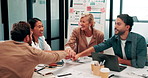 Business, people and hands together in office with success, applause and stats for investment goals. Happy, team clap and celebration with data analysis, graphs or achievement for funding opportunity