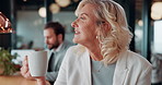 Happy, thinking and woman on coffee break in office with ideas, relax and inspiration at law firm. Mindfulness, reflection and mature lawyer with drink in cup, smile and vision in coworking space