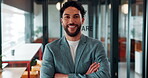 Happy, face and businessman with arms crossed in office, public relations or pride for career growth. Pr specialist, portrait and person with smile, confident and creative opportunity in business