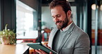 Business man, tablet and scroll with smile in cafe, property developer and online plan for restaurant renovation. Real estate, investor and happy review of digital blueprint, coffee shop and remodel