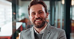 Happy, face and businessman with pride in office, financial advisor and confident with career growth. Employee, portrait and person with smile for investment opportunity, laugh and wealth management