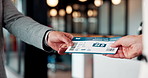 Handover, airport and person with boarding pass for travel, check in and international journey. Hands, airline and giving ticket for flight, business trip and exchange with passenger for immigration