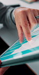 Man, hand and scroll in office with tablet screen, data analysis and KPI for worker productivity rate. Person, review stats or graphs in business with tech, employee efficiency metrics or performance