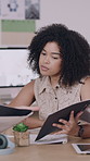 Creative, woman and people with paperwork in office, meeting or planning for ad campaign with report. Happy, team and discussion with brand manager, writing and marketing strategy with documents