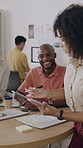 Woman, sticky note and tablet for planning, brainstorming or office strategy discussion. Creative business people, glass wall and mood board for schedule, project management or proposal meeting
