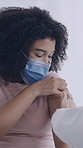 Injection, needle and doctor with woman in clinic for flu shot, treatment or vaccination. Checkup, pharmaceutical and hands of healthcare worker with female patient for medical syringe for medication